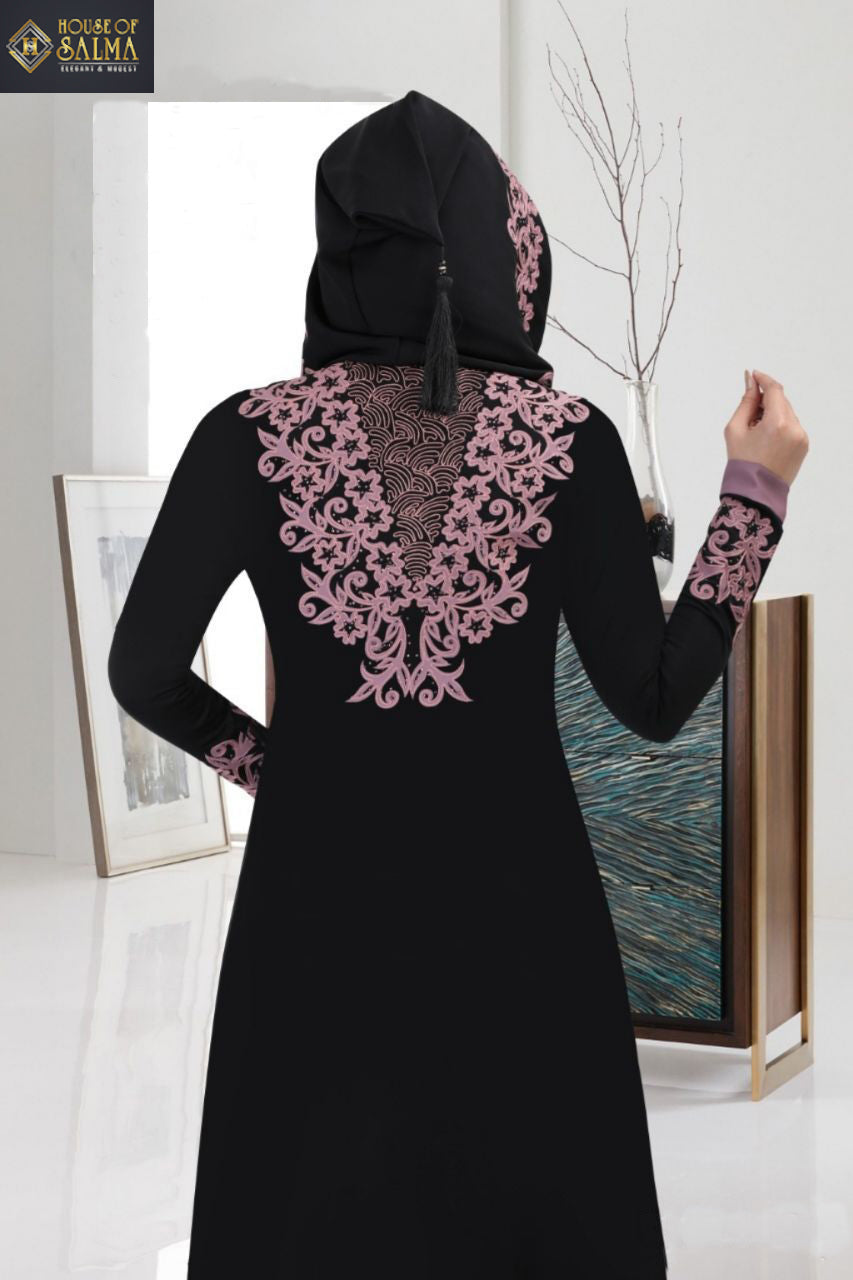 Nazneen Black And Pink-Hooded Abaya