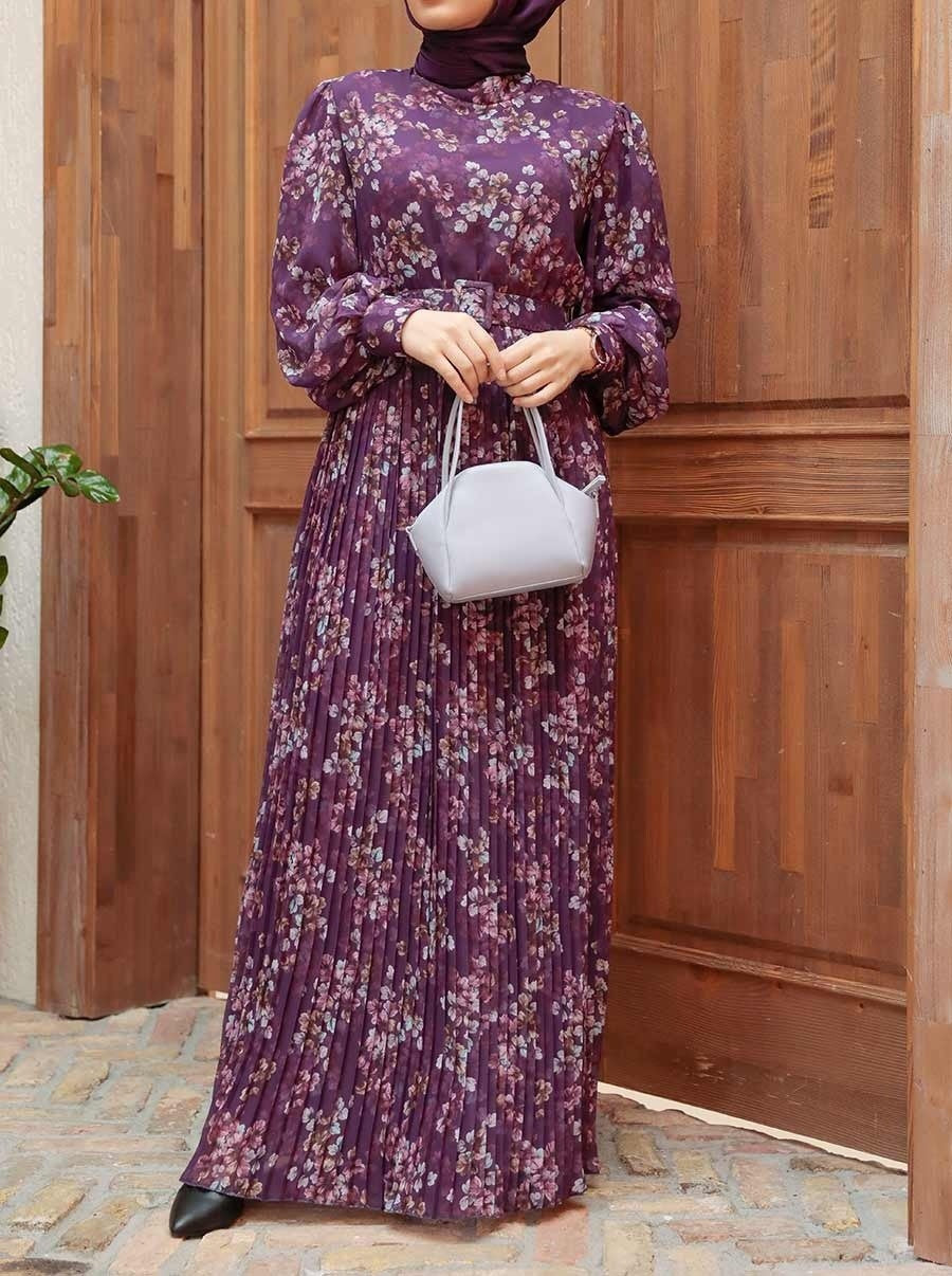 Purple Pleated Floral Chiffon Dress