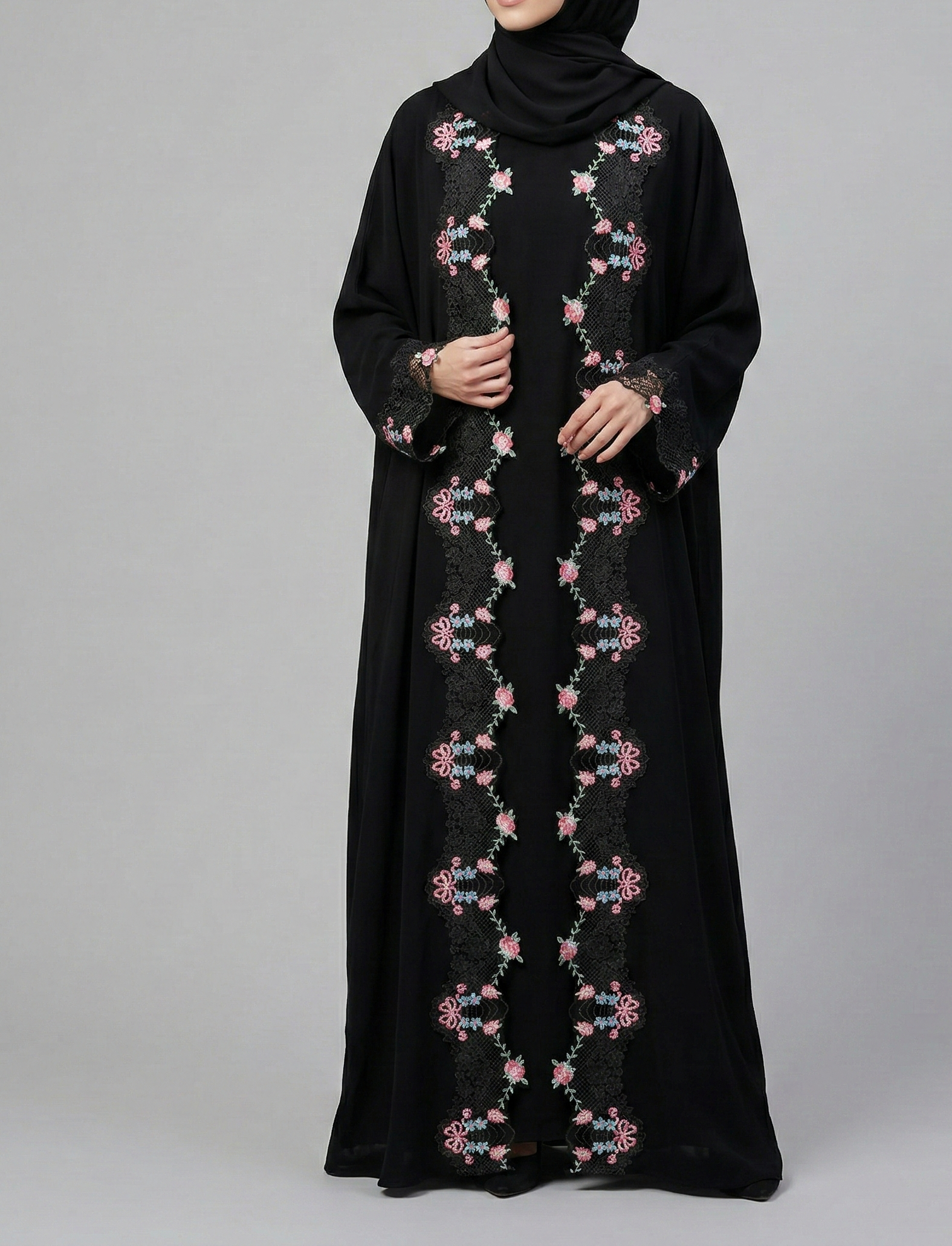 Black Floral Lace Trim Abaya