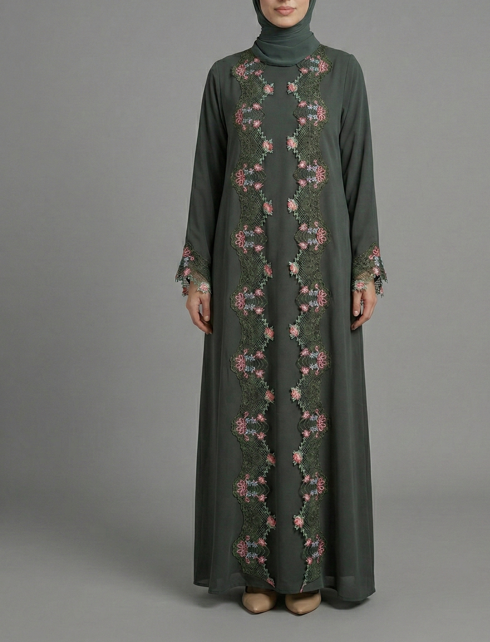 Green Floral Lace Trim Abaya