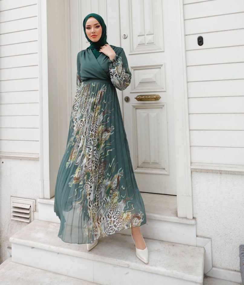 Aara Green Pleated Chiffon Dress House of Salma | Elegant and Modest Wear Aara Green Pleated Chiffon Dress House of Salma | Elegant and Modest Wear