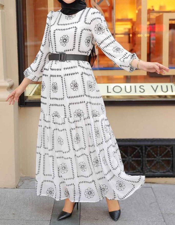 White And Black Belted Maxi Dress