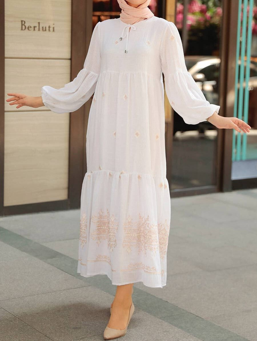 Lina Linen Maxi Dress (White & Beige)