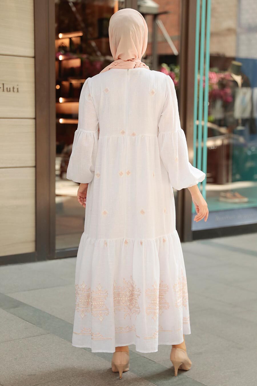 Lina Linen Maxi Dress (White & Beige)