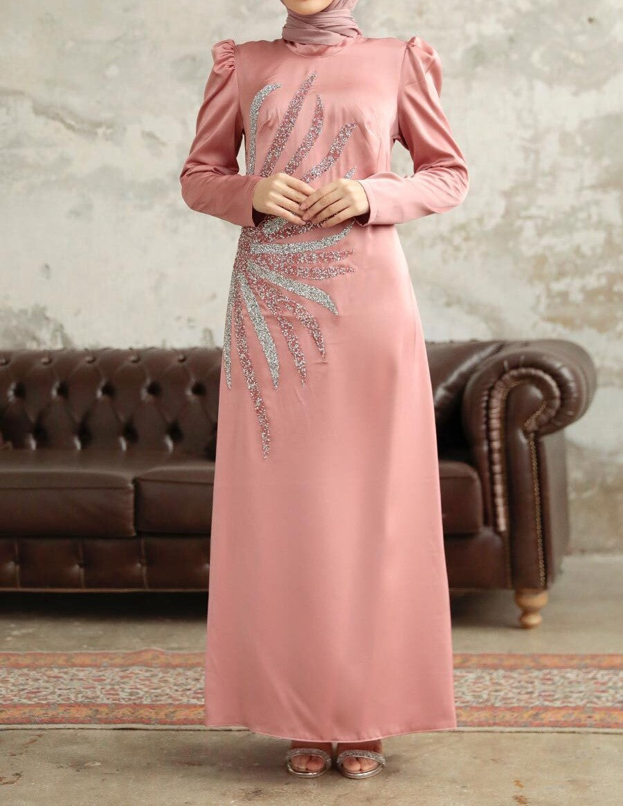Hiba Crystal Pink Satin Dress