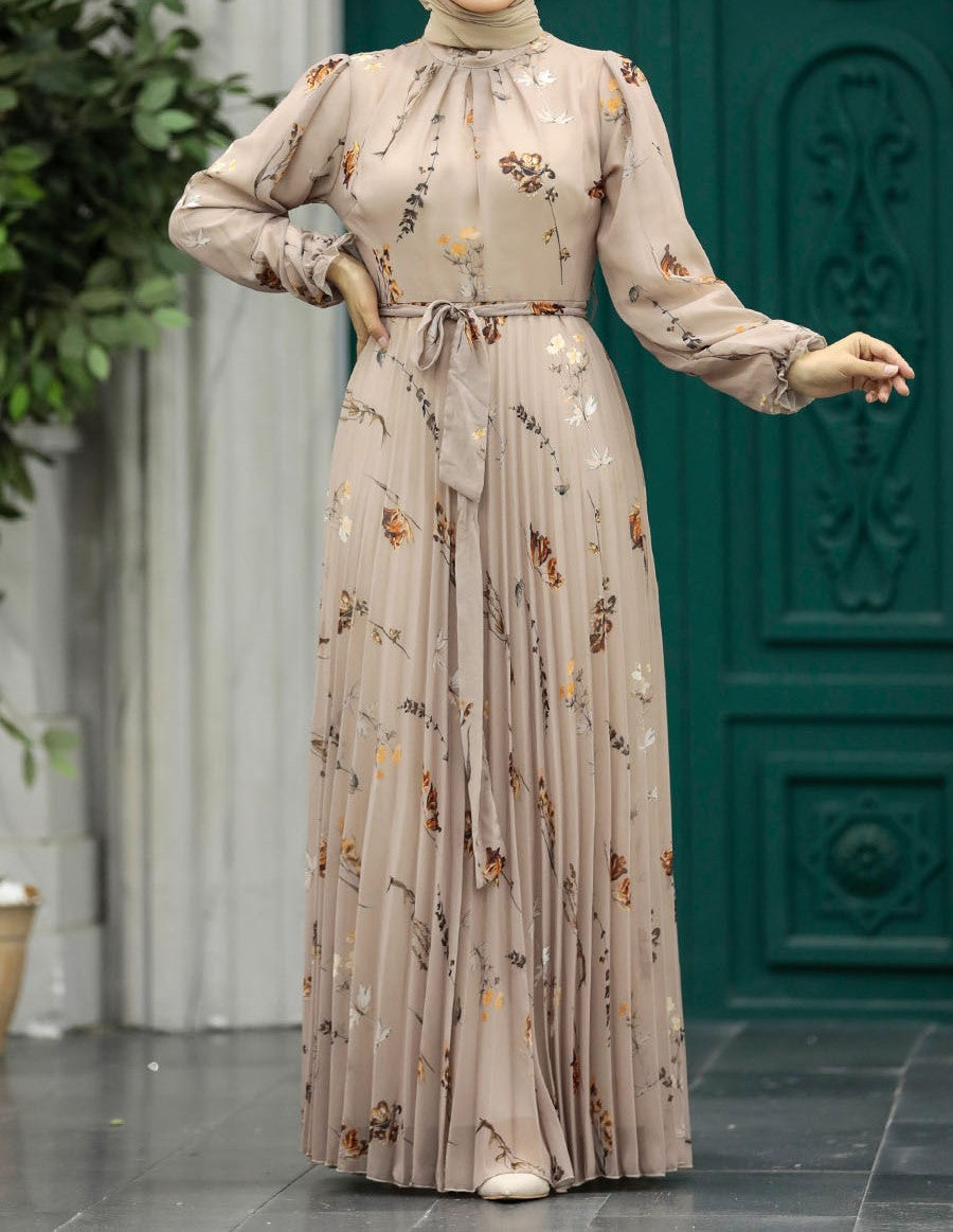 Pleated Floral Chiffon Dress