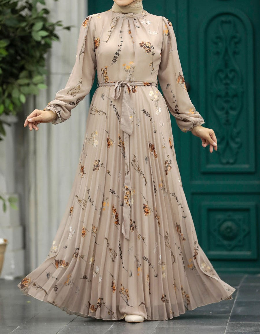 Pleated Floral Chiffon Dress