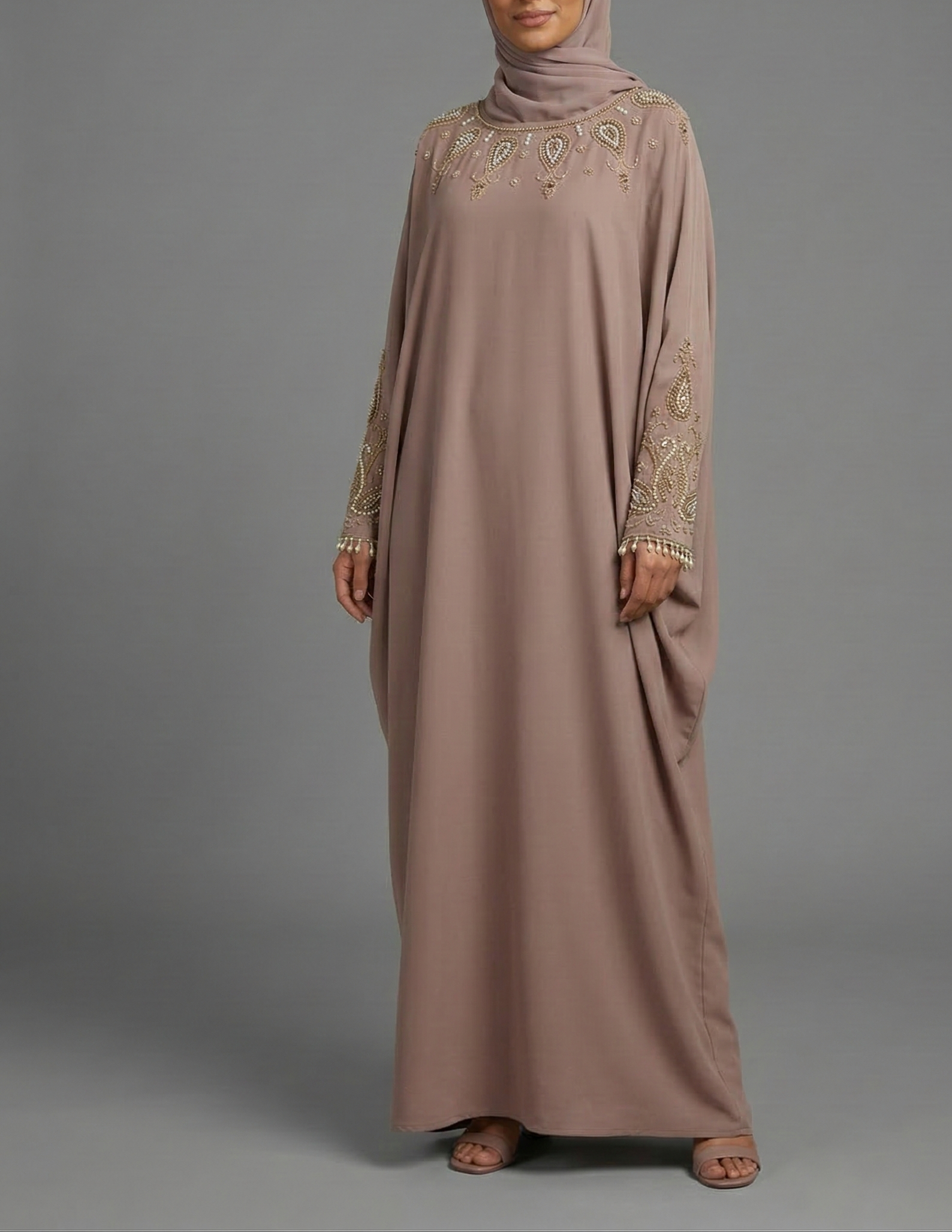 Luxury Pearl Closed Abaya- Brown