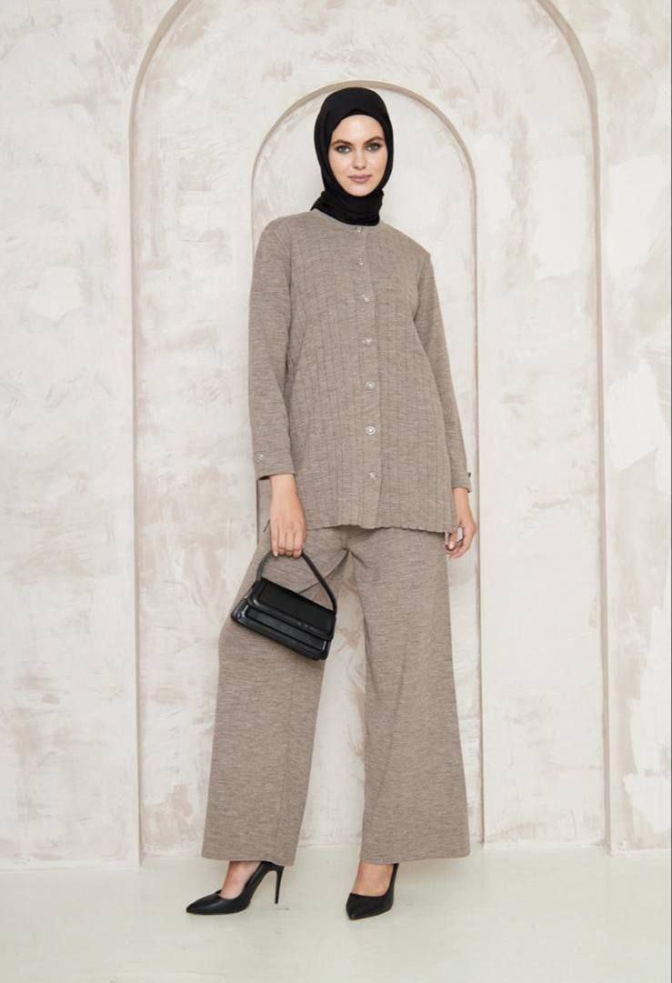 Mona Knit Button Down Top & Pant Matching Set- Tan