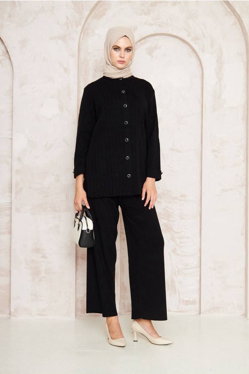 Mona Knit Button Down Top & Pant Matching Set- Black