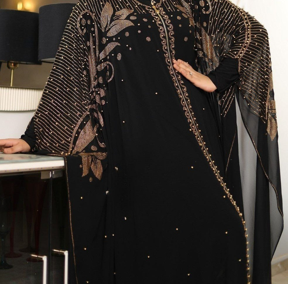 Saria Black Gold Embroidered Abaya