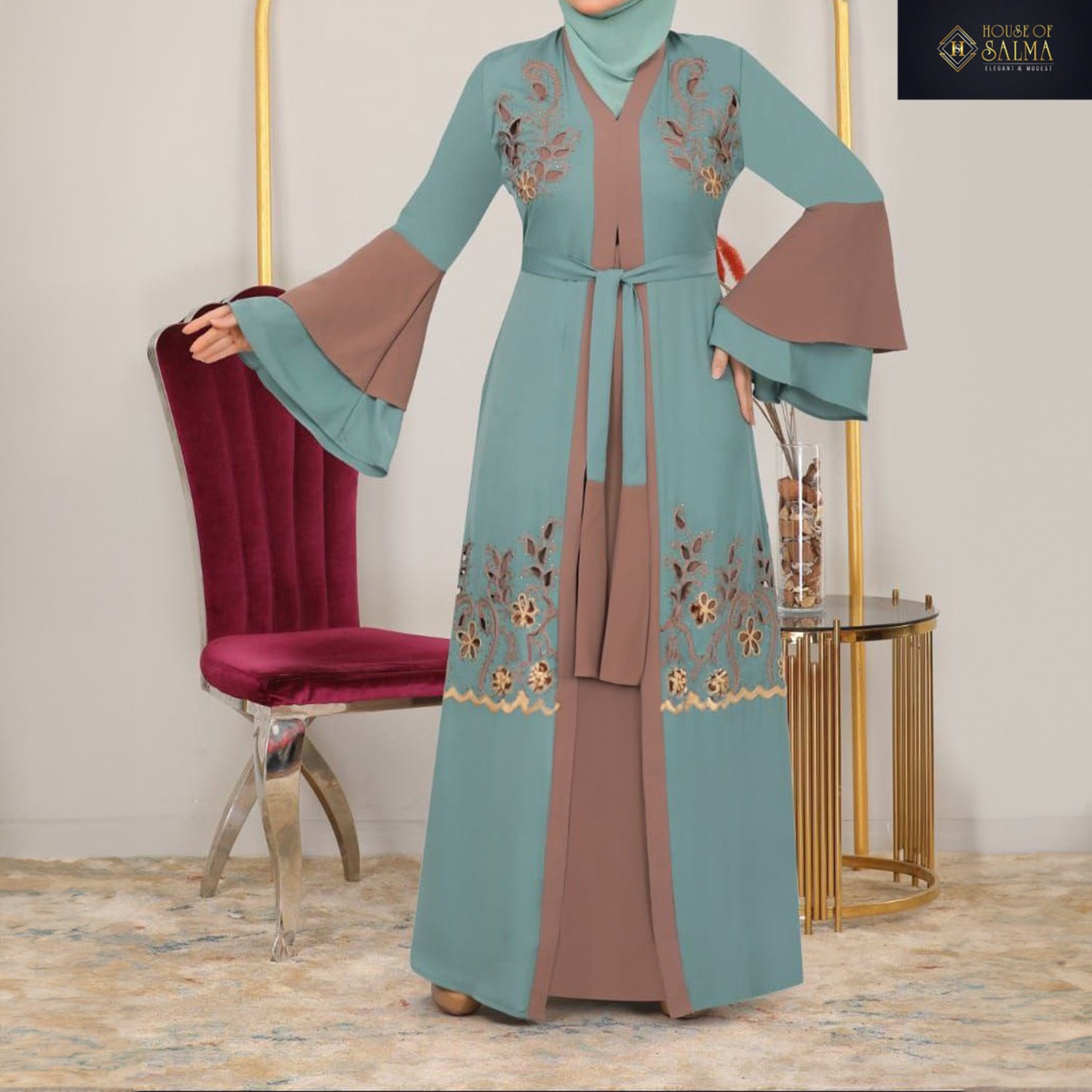 Alisha Embroidery Abaya (Teal)