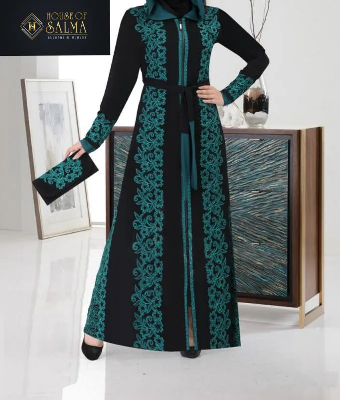 Nazneen Black And Turquoise-Hooded Abaya