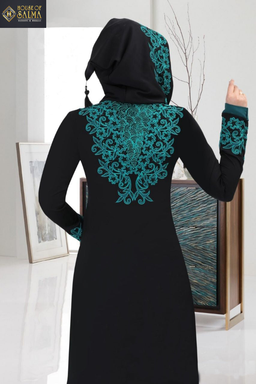 Nazneen Black And Turquoise-Hooded Abaya