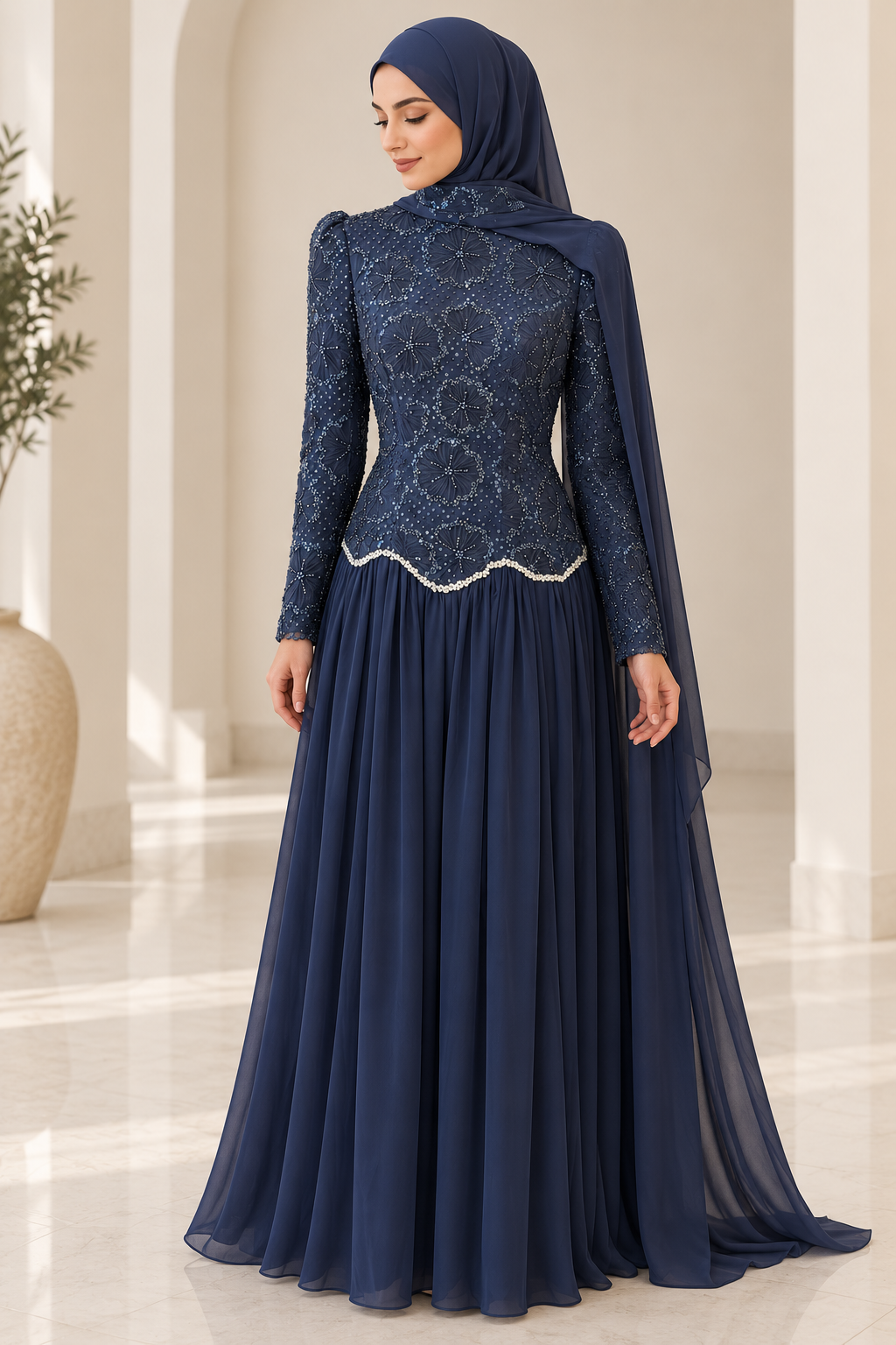 Abir Rhinestones Embellished Dress - Navy