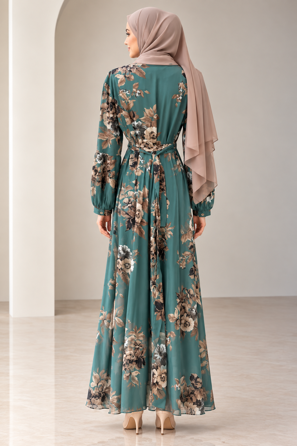 Amal Floral Chiffon Dress - Teal/Brw