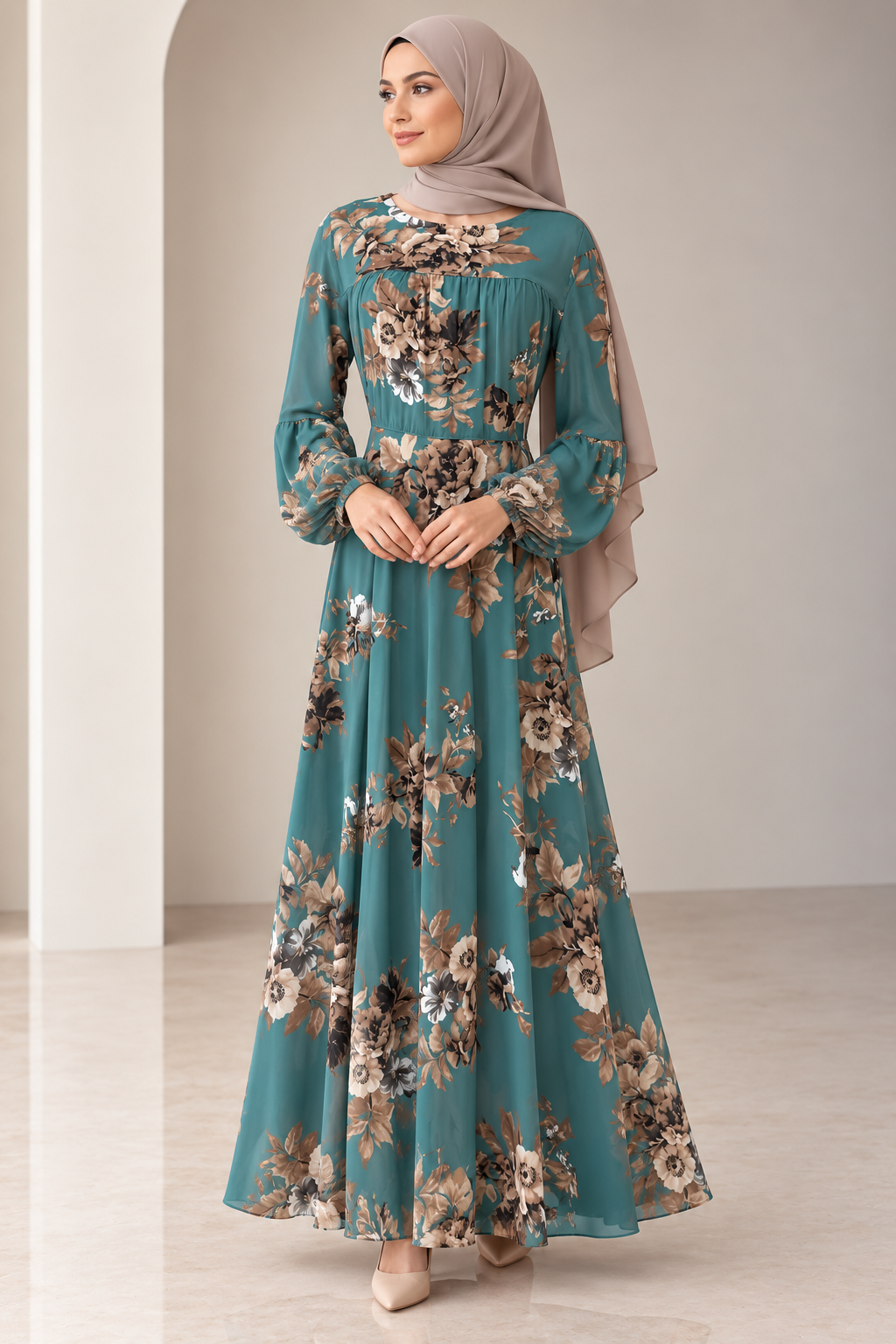 Amal Floral Chiffon Dress - Teal/Brw