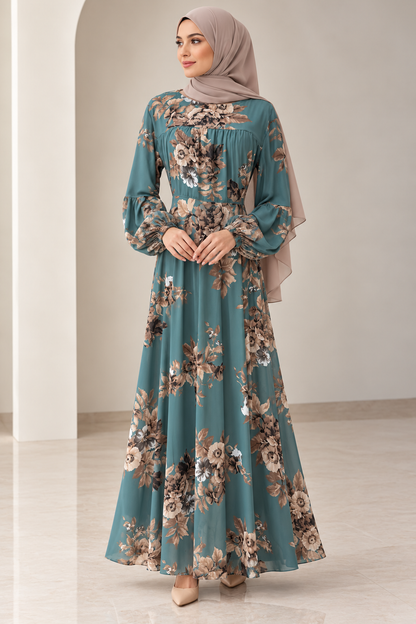 Amal Floral Chiffon Dress - Teal/Brw