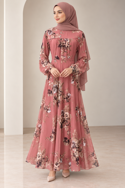 Amal Floral Chiffon Dress - Orange/Brw