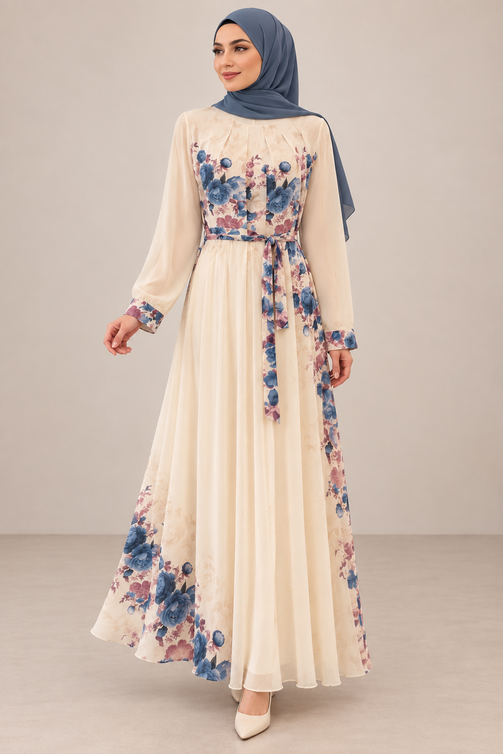 Beige/Blue Floral Dress