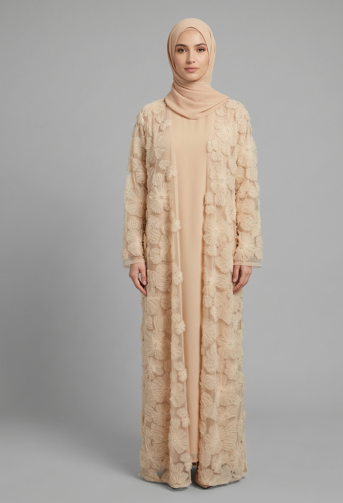 Yasmin Embellished Abaya Set- Beige
