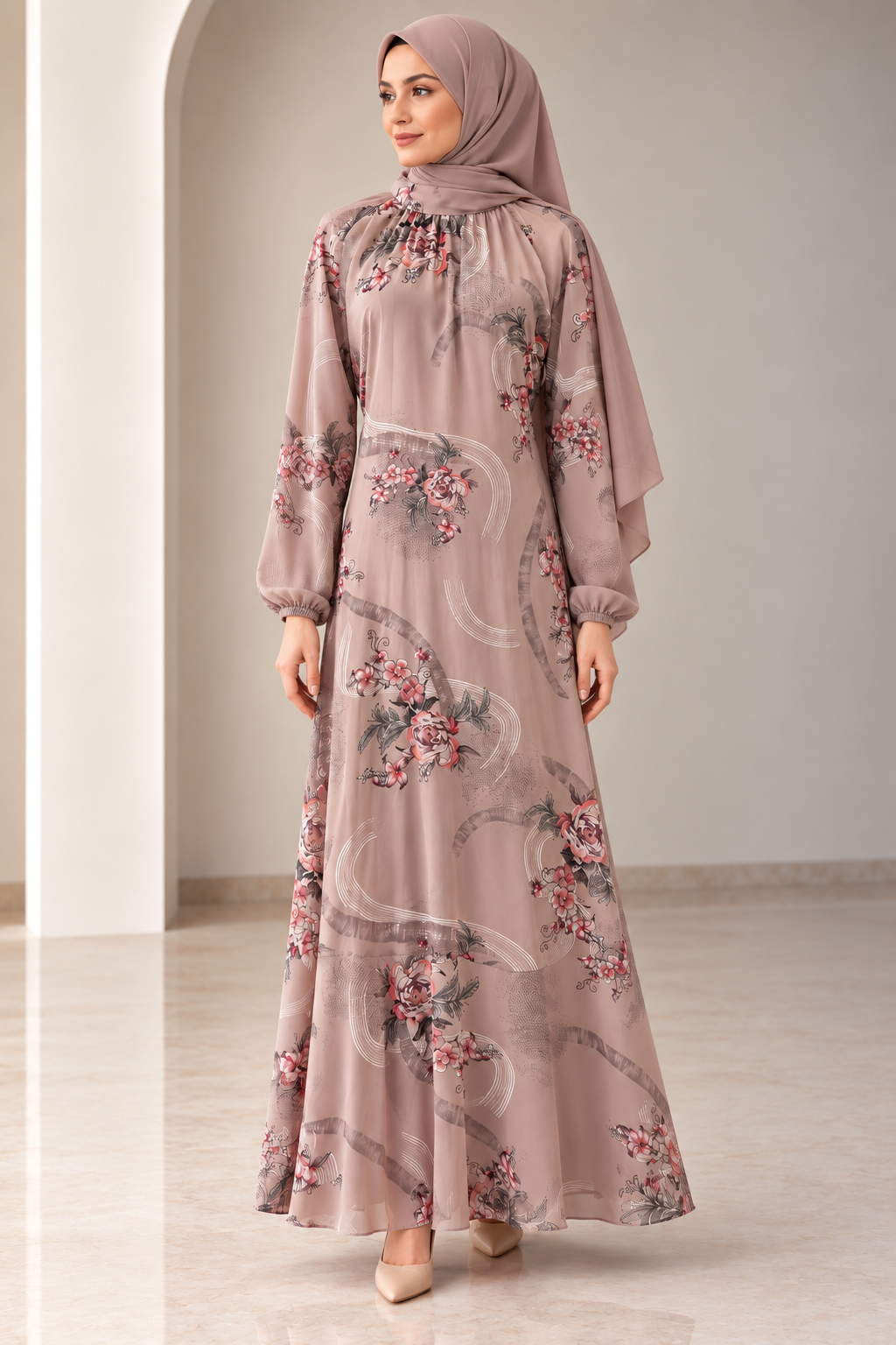 Beige Floral Dress