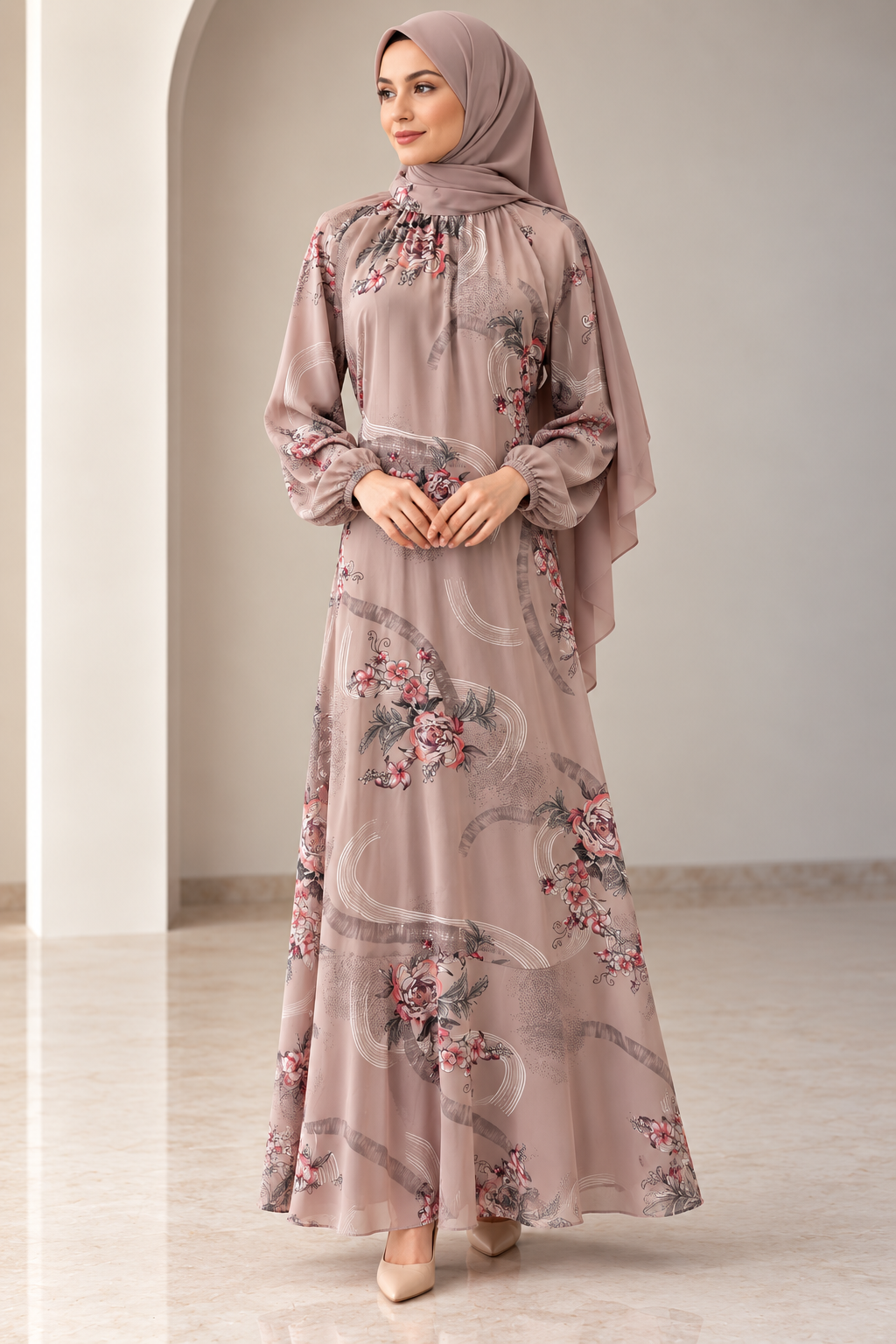 Beige Floral Dress