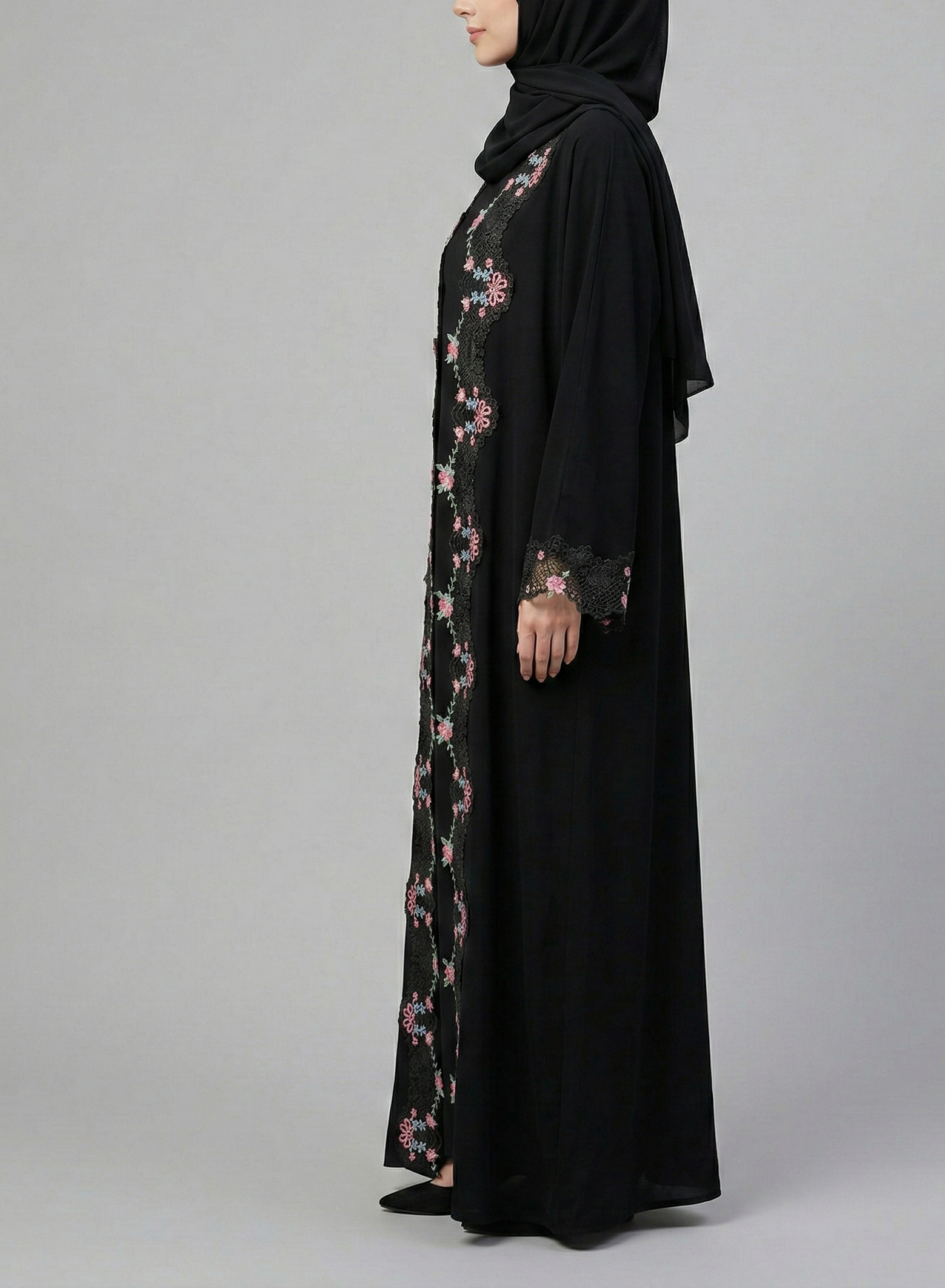 Black Floral Lace Trim Abaya