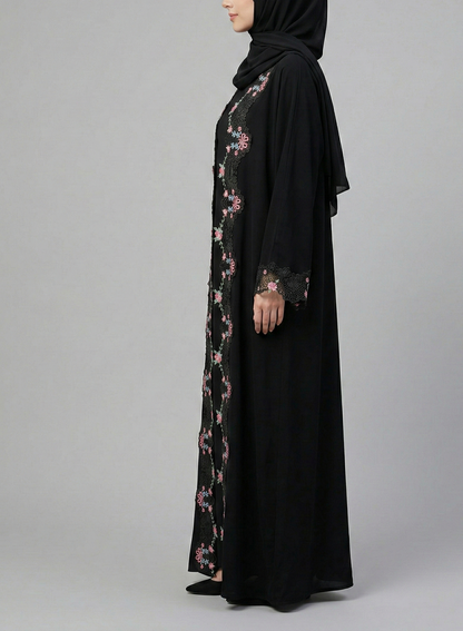 Black Floral Lace Trim Abaya