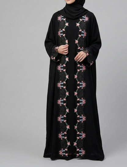 Black Floral Lace Trim Abaya