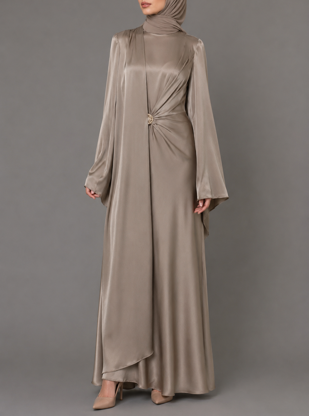 Brooch Satin Cape Dress- Latte