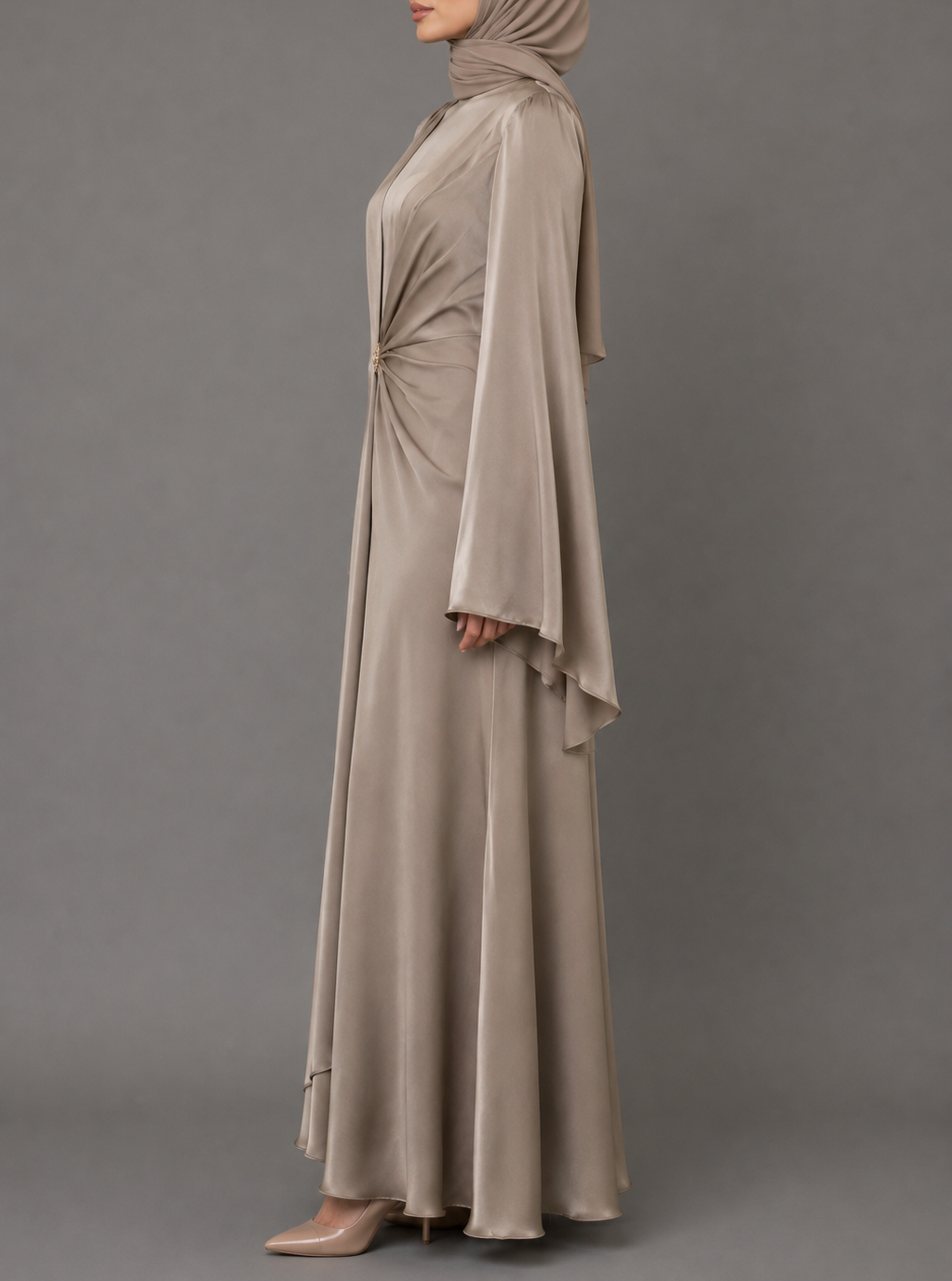 Brooch Satin Cape Dress- Latte