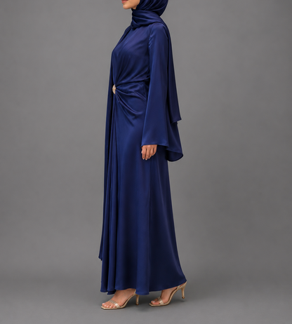 Brooch Satin Cape Dress- Blue