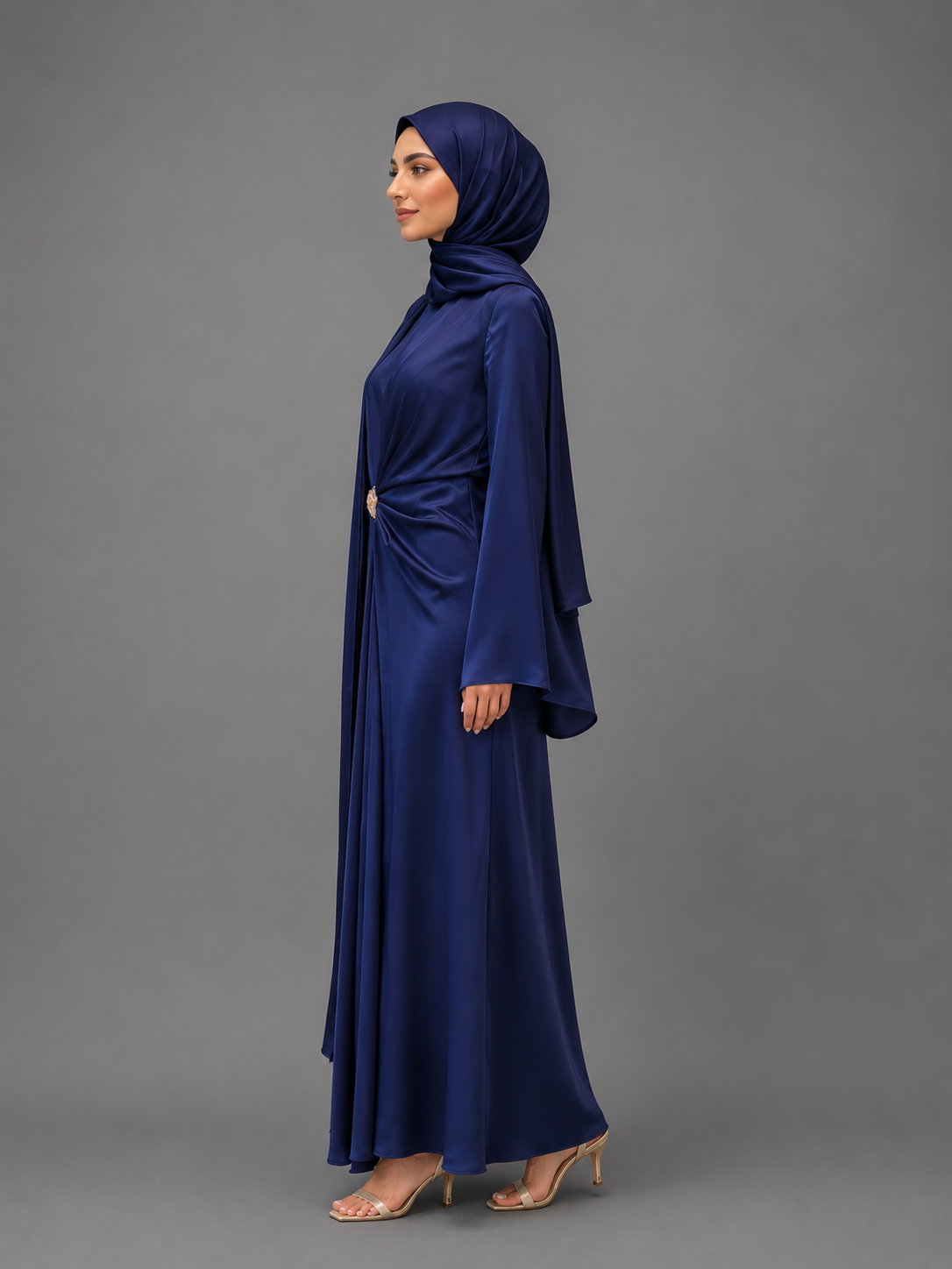 Brooch Satin Cape Dress- Blue