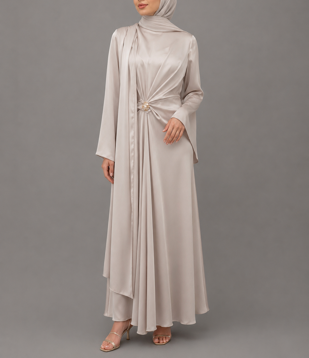 Brooch Satin Cape Dress- Cream