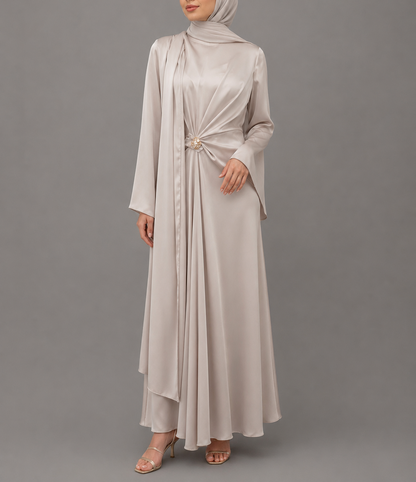Brooch Satin Cape Dress- Cream