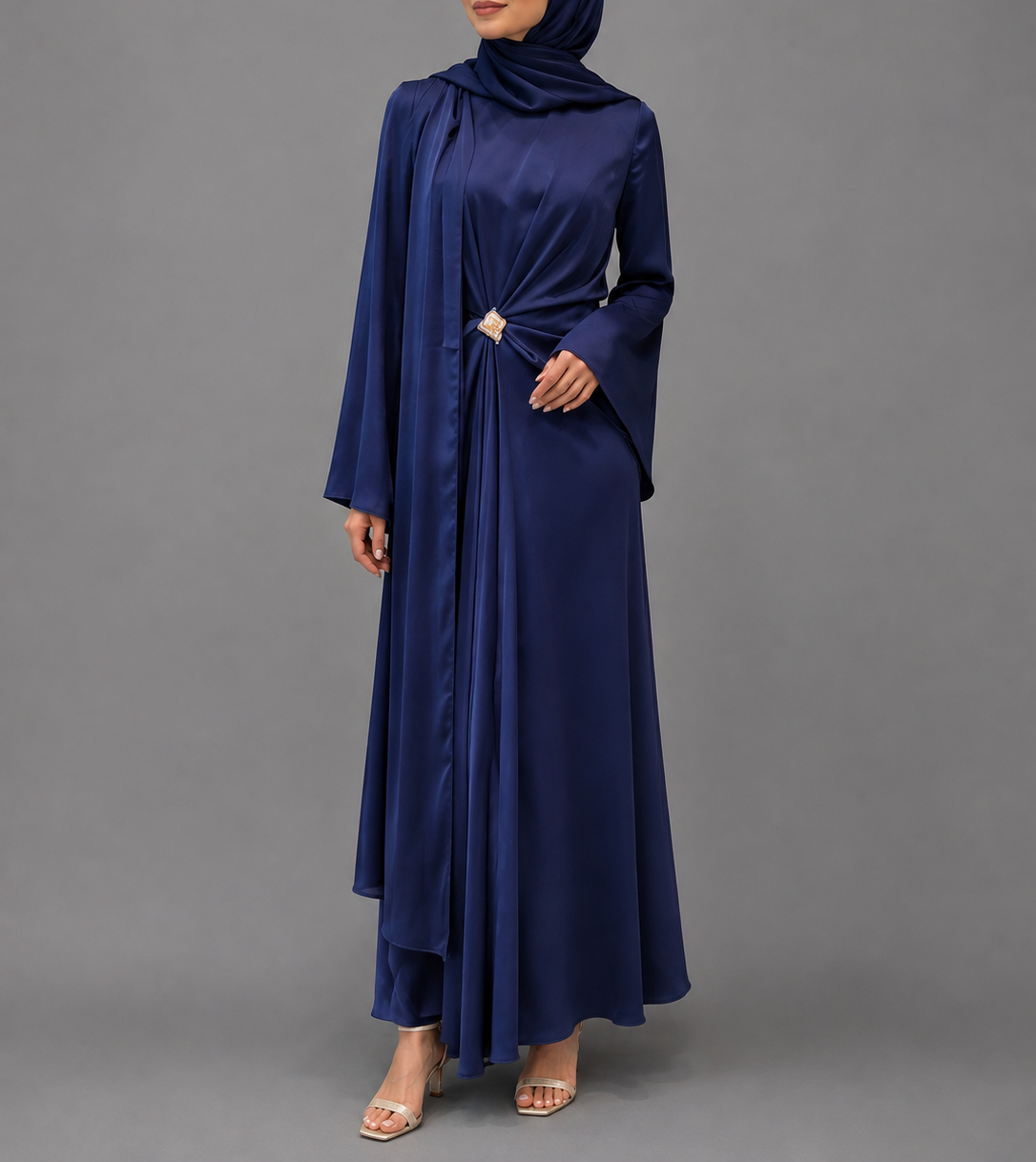 Brooch Satin Cape Dress- Blue