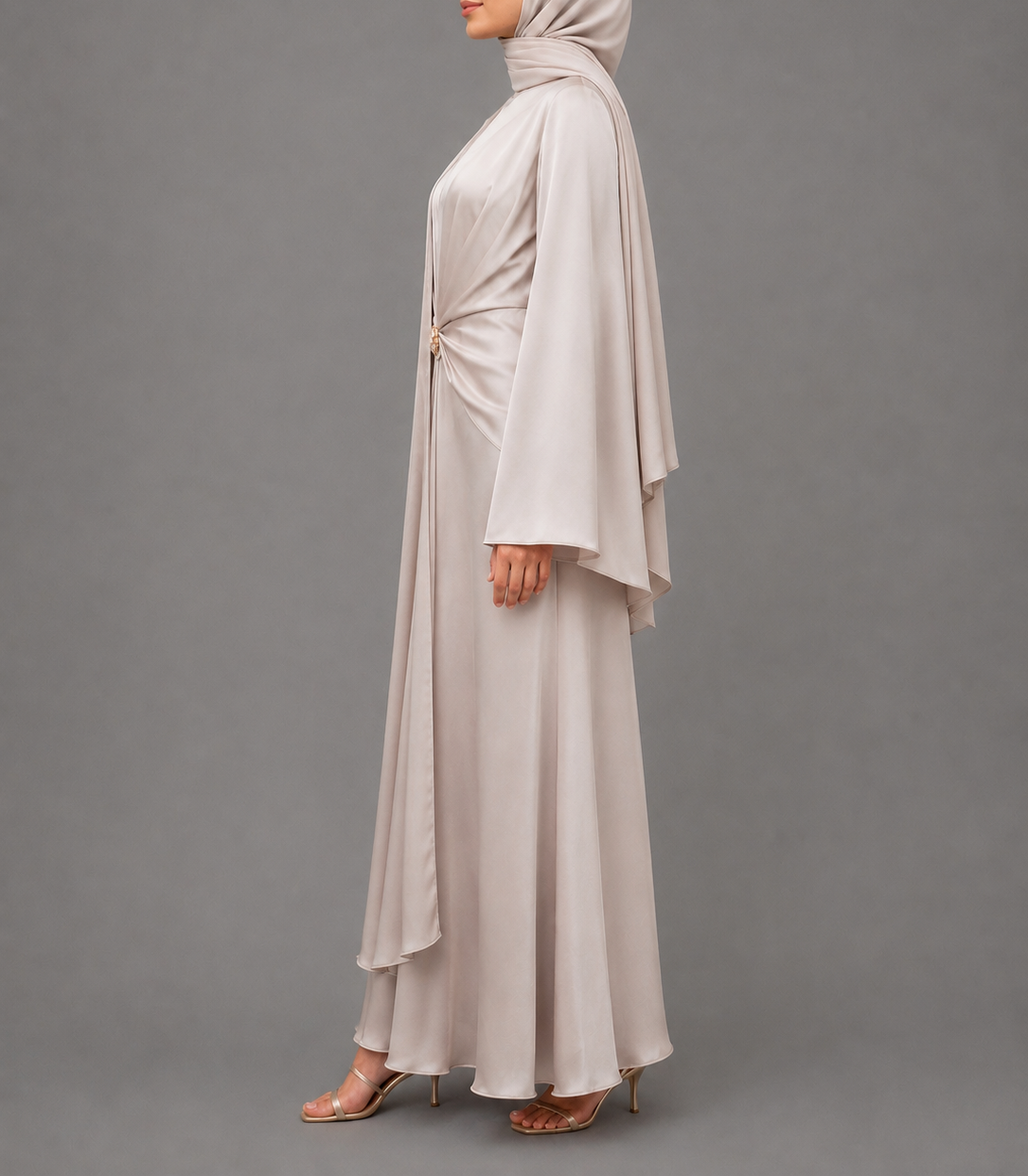 Brooch Satin Cape Dress- Cream