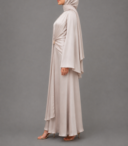 Brooch Satin Cape Dress- Cream