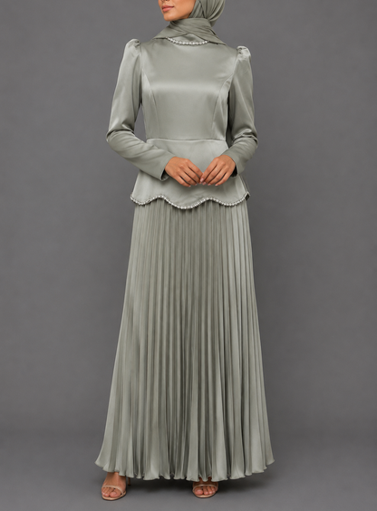 Faiza Pleated Gems Dress- Mint
