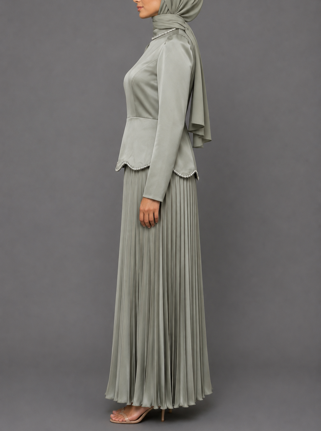 Faiza Pleated Gems Dress- Mint