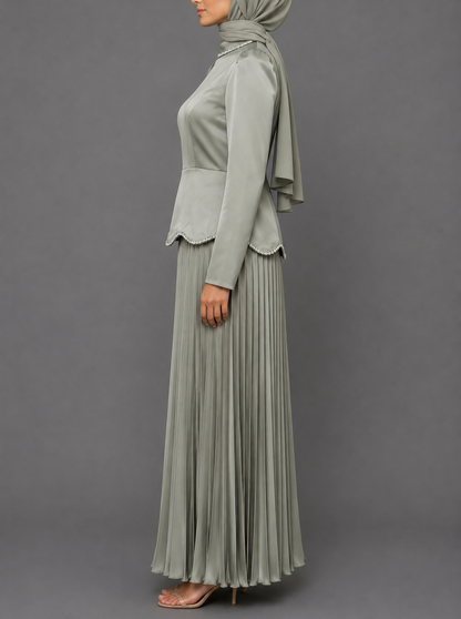 Faiza Pleated Gems Dress- Mint