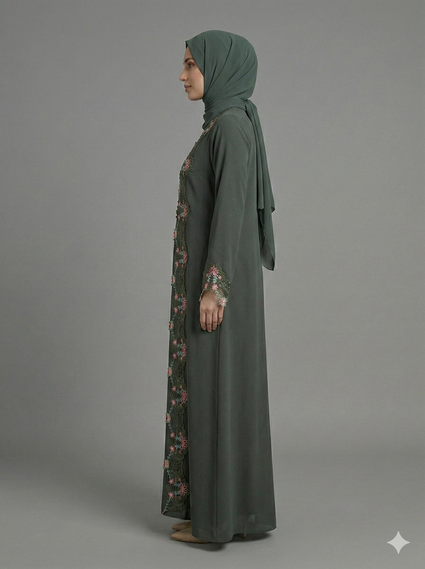 Green Floral Lace Trim Abaya
