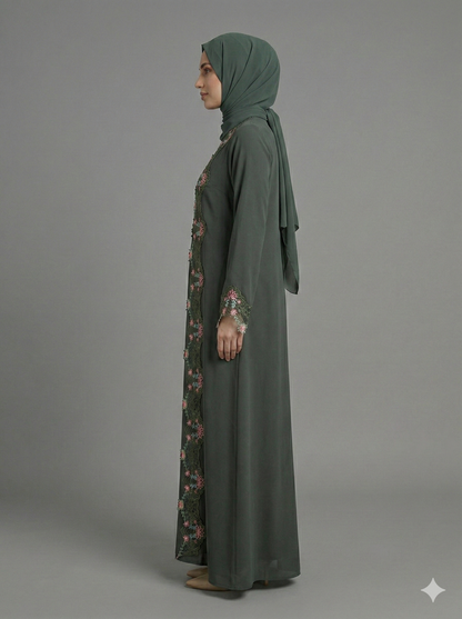 Green Floral Lace Trim Abaya