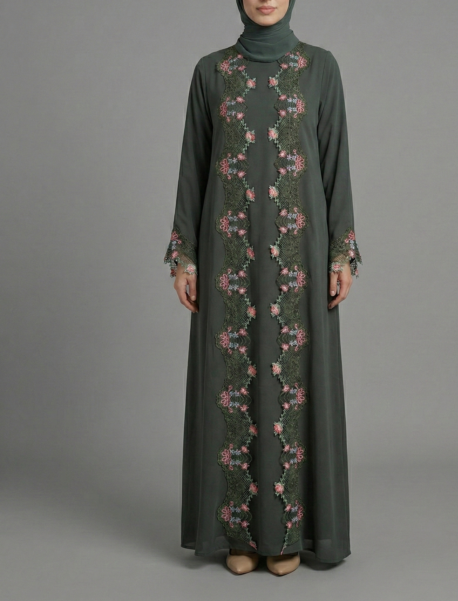 Green Floral Lace Trim Abaya