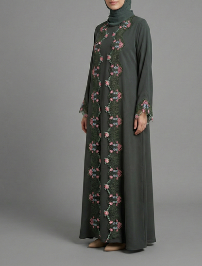 Green Floral Lace Trim Abaya