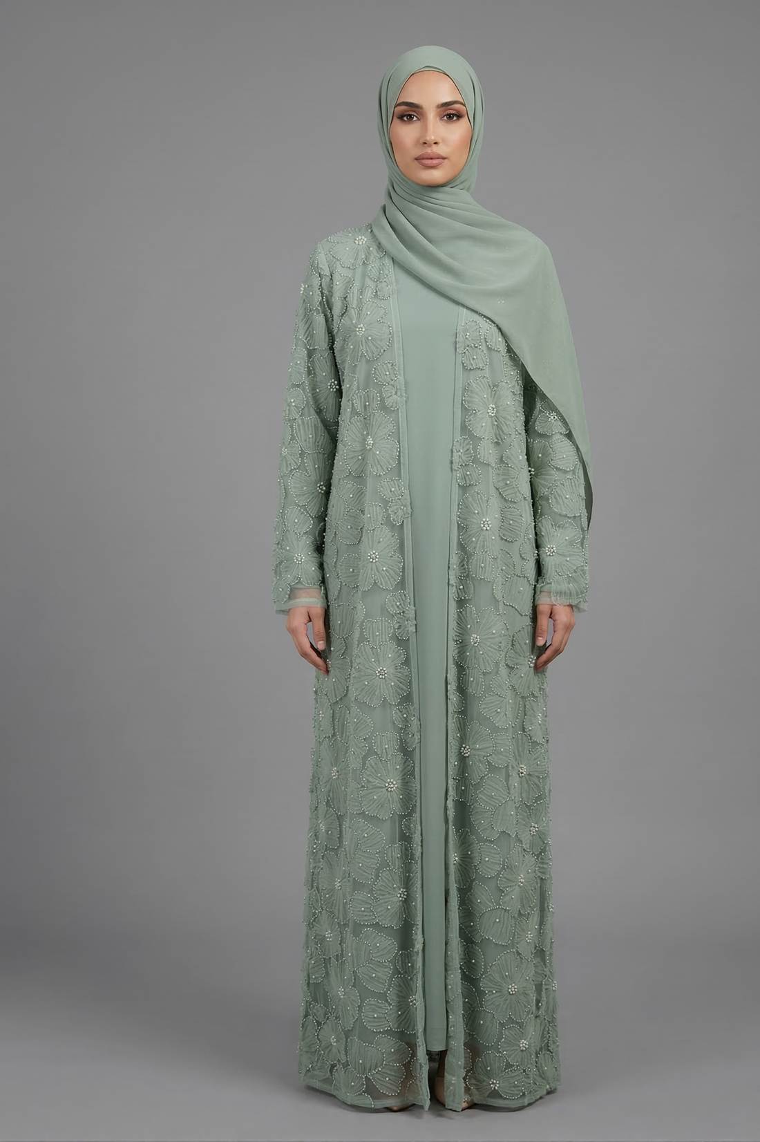 Yasmin Embellished Abaya Set- Mint