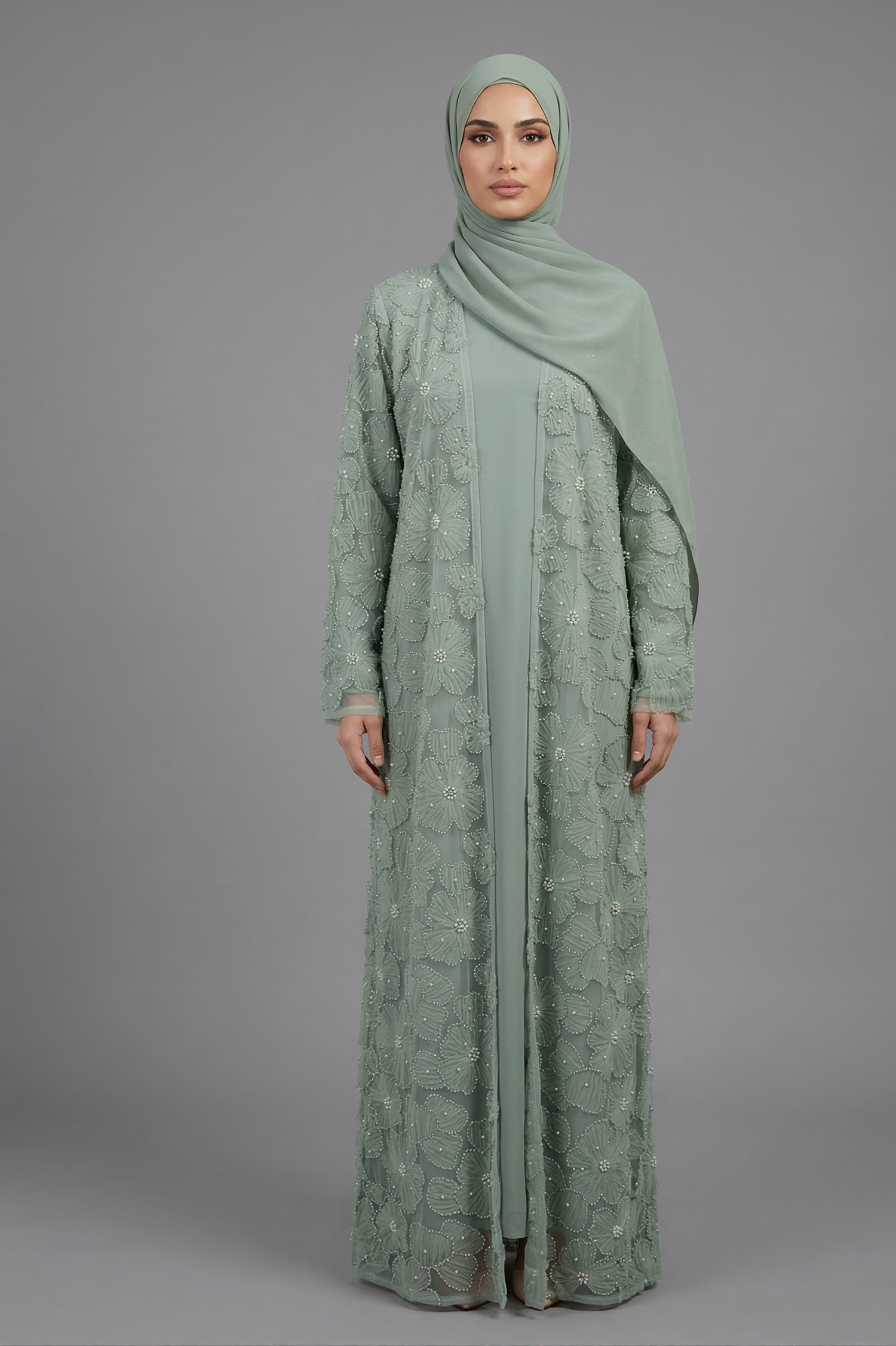 Yasmin Embellished Abaya Set- Mint