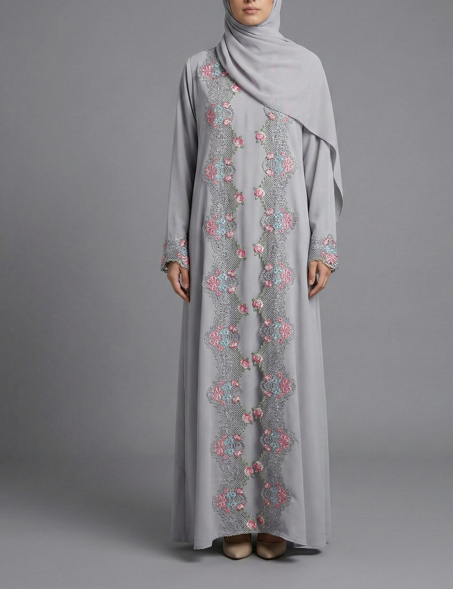 Grey Floral Lace Trim Abaya