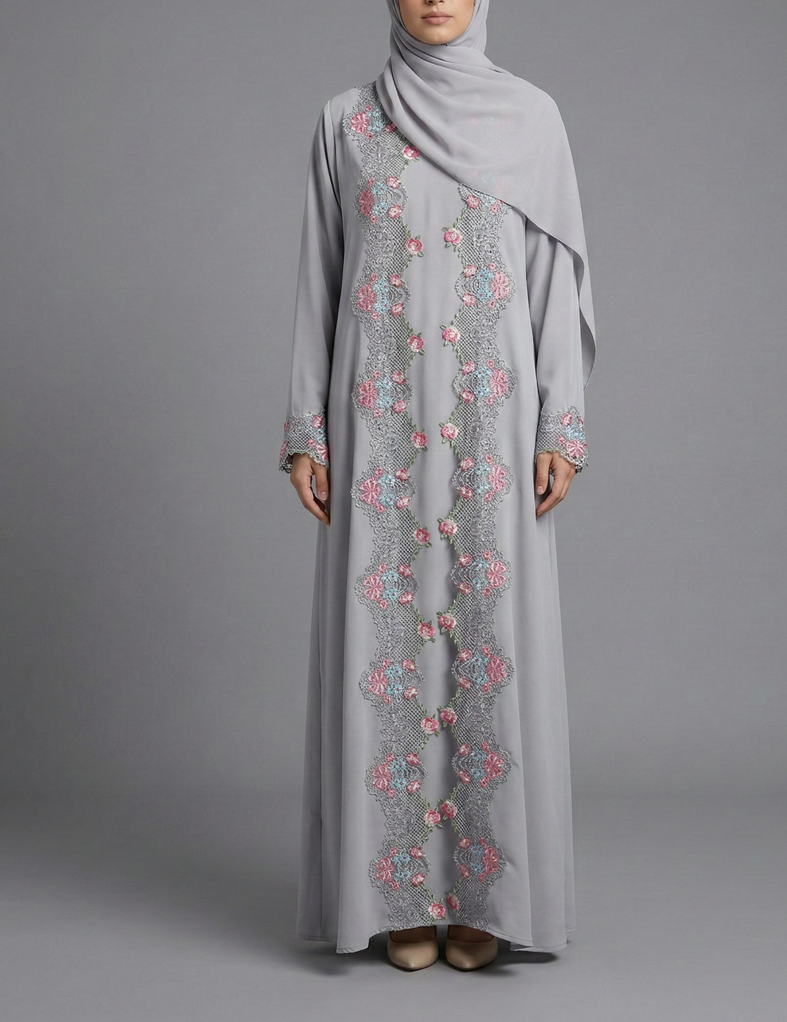 Grey Floral Lace Trim Abaya